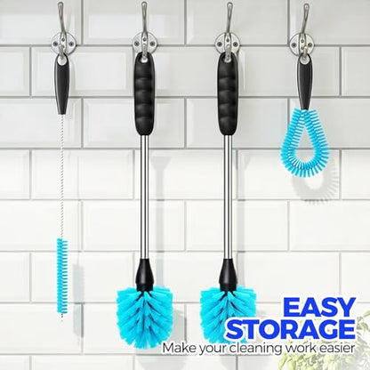 Holikme 4 Pack Bottle Brush 14.5" Long Handle Stainless Steel Brush,Blue | Long-Handled 4-in-1 Stainless Steel Bottle Brushes for Water Bottle, Cups, Straw Cleaner Brush - color: Blue