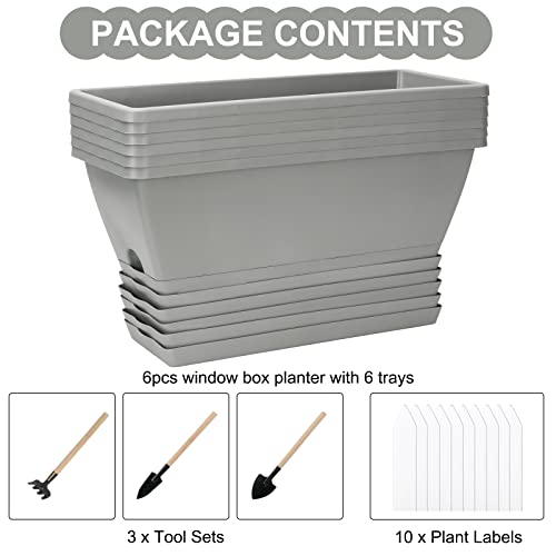 Window Box Planter, 6 Pcs 17" Flower Rectangle Planters Boxes, Light Gray | with Garden Tool Kit, Labels, Drainage Holes/Trays, Vegetable Planters for Windowsill, Patio, Garden, Balcony - color: Light Gray