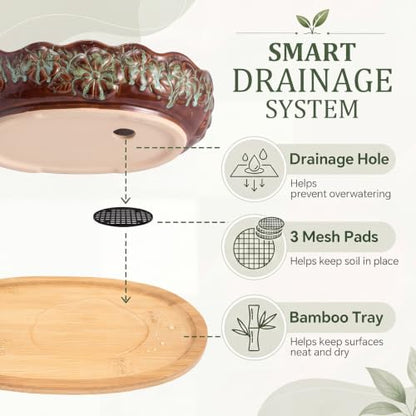 Succulent Planter Pot with Drainage Holes Large Ceramic Glazed Planter with Bamboo Wooden Tray and mesh Pads Shallow Bonsai Pot for Indoor Cactus Flower Plant(Wave-Shaped,Brown Turquoise) - color: Blue and Brown, style: Round