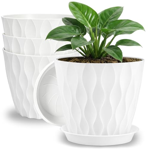 YNNICO 8 inch Plant Pots, 4 Pack Flower Pots Outdoor Indoor, Planters with Drainage Hole and Tray Saucer-White - color: White, size: 8 inch-4 pack