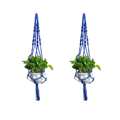 Set of 2 Macrame Plant Hanger Nylon Rope Wall Hanging Planter Basket for Indoor Outdoor Flower Pot Plant Holder Wall Art Vintage-Inspired Home Decor, with Metal Ring 4 Legs 39 inch (Blue) - color: Blue