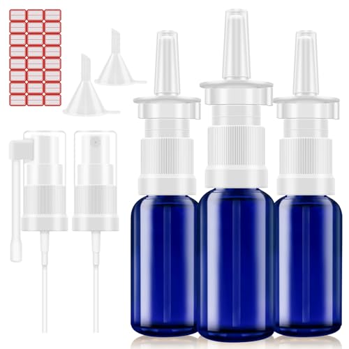 Nasal Spray Bottle, 3 Pcs 30ML/1oz Glass Refillable Continuous Fine Mister Spray Bottles, Travel Sized Empty Nasal Sprayer with Sprayers, Funnels and Labels(Blue) - size: 3 PCS