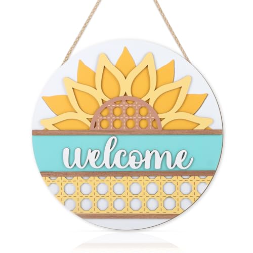 HOURIA 3D Summer Sunflower Welcome Door Sign,11.4 Inches Yellow Flower Summer Wood Wall Decor,Farmhouse Sunflower Decorations for Home,Office,Wreath,Indoor,Outdoor - color: Sunflower Sign
