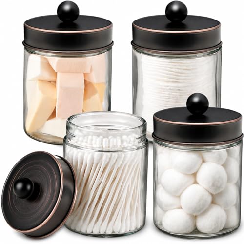 Amolliar Glass Apothecary Jar Qtip Holder Metal Lids 4pc/ORB | Bathroom Decor Countertop Vanity Storage Organizer Set for q tip holder,Cotton Swabs/Rounds,Makeup Sponges,Cute Stickers - color: Oil Rubbed Bronze