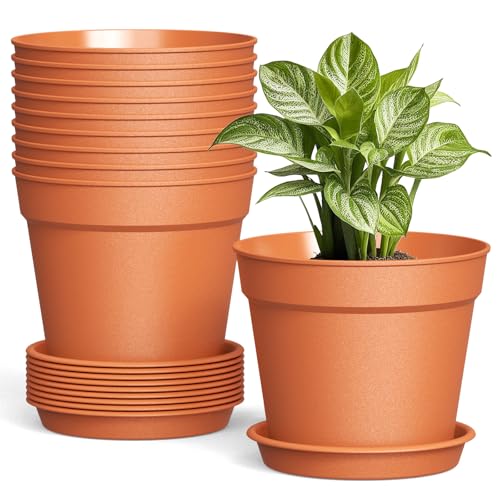 10 Pack 6 Inch Plant Pots with Drainage and Saucers, Plastic Flower Pots for Indoor and Outdoor Plants, Stackable Nursery Planters for Houseplants and Herbs, Terracotta - color: Terracotta, size: 10-Pack