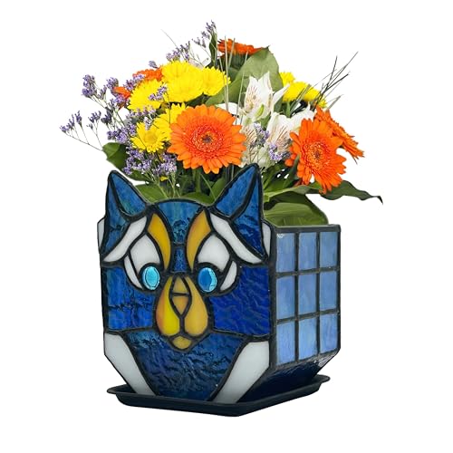 Cat Stained Glass Planter, Flower Pots for Indoor Plants,Cat Plant Decor,Fun Plant Pots Gift 4.6x3x5.15 in(Excluding Plants) - color: Dark Green