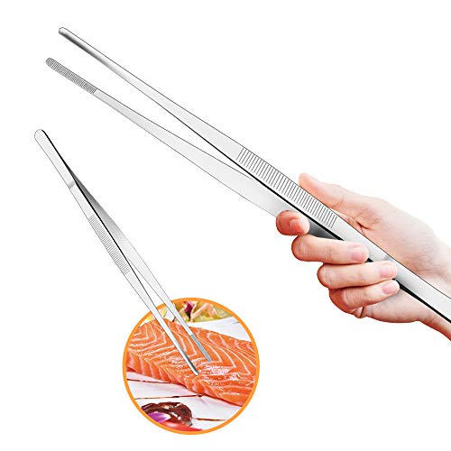 Kitchen Tweezers Tongs Stainless Steel 12 Inch Long Tweezers Heavy Duty large food tweezers with Precision Serrated Tips for Cooking (12" Straight) - size: 12" Straight