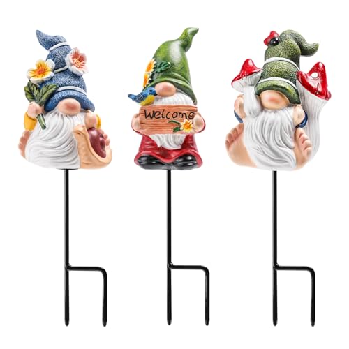 Gnome Garden Stakes Resin Figurine Mini Decor for Flower Pot Yard Green | Whimsical Hand-Painted Resin Gnome Plant Stakes, Weatherproof Mini Figurines With Metal Stake For Fairy Garden Yard Decor - color: Green