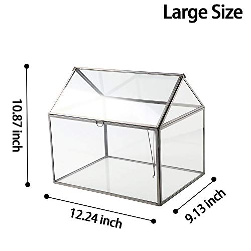 Large Glass Geometric Terrarium Container Tabletop Large Close House Shape Box Planter for Succulent Plant Moss Fern with Swing Lid Black Decor 12 x 9 x 10 inches, No Plants Included