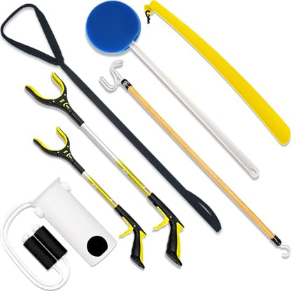 RMS Premium 7-Piece Hip & Knee Kit with Short & Long Reacher Grabbers | 19” & 32” Reachers, Leg Lifter, Sock Aid, Dressing Stick, Bath Sponge & Shoe Horn – Long Term Orthopedic Aids - size: 7 Piece Set, style: Premium