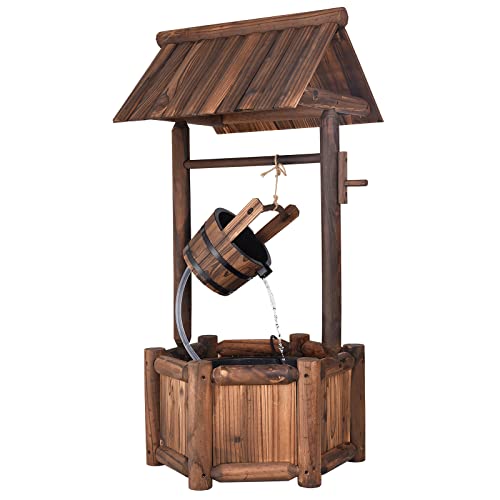 Giantex Wishing Well Water Fountain Outdoor, Rustic Wooden Waterfall Fountain with Electric Pump, Water Bucket, Freestanding Decorative Wishing Well Water Feature for Backyard Patio Garden Lawn