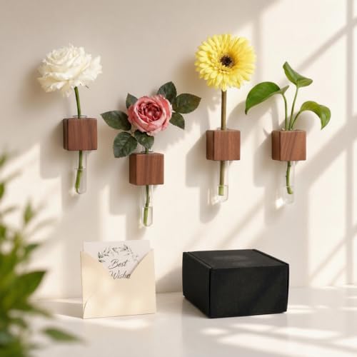 4-Piece Magnetic Wooden Vases - Magnetic Wood Blocks with Test Tubes for Refrigerator & Locker Decor | All-in-One Floral Gift Set with Greeting Card for Mom & Teachers (Walnut) - color: Walnut