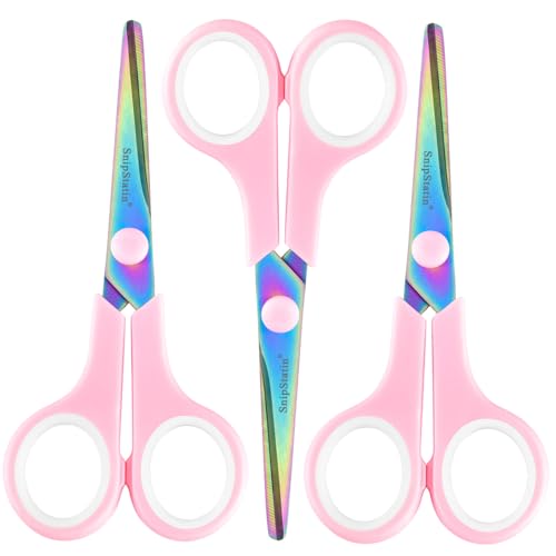 5" Small Craft Scissors All Purpose 3-Pack,Titanium Sharp Blades with Safe Blunt Tip, Semi-Soft Rubber Grip, Mini Shears for Adults & Kids, Sewing, School, Office, Paper, Scrapbook, Pink - size: 5.4"(Pink/3-Pack)