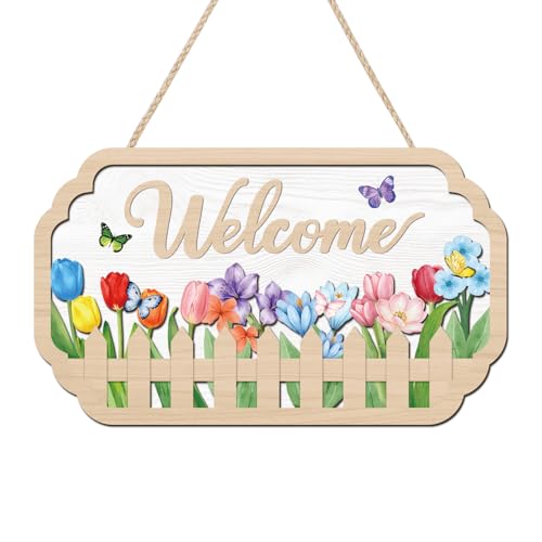 HOURIA 3D Welcome Front Door Sign (11.4”x7”),Floral Butterfly Garden Sign,Colorful Tulip Flower Wreath Sign,Spring Summer Decorations for Home Office Indoor Outdoor - color: Spring Welcome Front Door Sign
