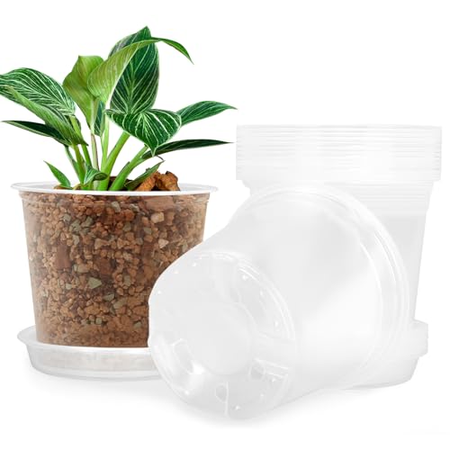 FUIJOL 7 Inch Clear Nursery Pots for Plants with Sacuers 15 Pack, Plastic Flower Pots with Drainage Holes, Variety Pack Seedlings Garden Pot for Indoor Outdoor (7 inch) - size: 7 inch
