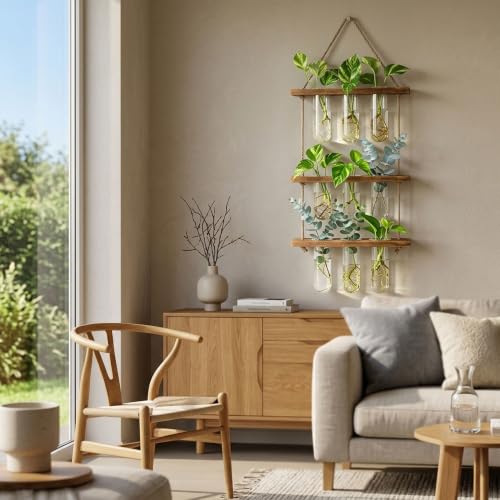 Plant Propagation Hanging Station, 3 Tier Wall Hanging Terrarium with Wooden Stand, Flower Vase Test Tube Glass Planter Stations for Hydroponic Cuttings, Home, Garden, and Office Decor