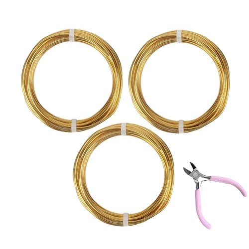3 Rolls Aluminum Craft Wire Kit with Side Cutter Pliers, Multi-Size [18/12/9] Gauge, Flexible Metal Wire Set for Jewelry Making, Bonsai and Sculpting (49.2 Ft Total, 16.4 Ft/Roll, Gold) - size: 3 Gauges Set 16.4Ft Each, style: Gold