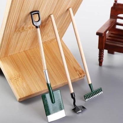 3Pcs Miniature Garden Tools 1:12 Mini Shovels and Rake Farm Tools Fairy Garden Furniture Dollhouse Accessories (Black) - color: Black