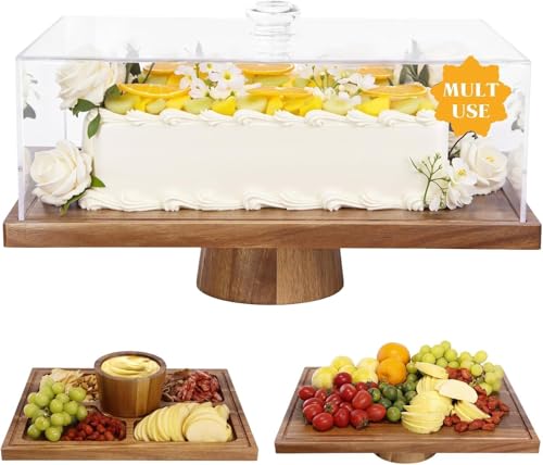 17" Rectangular Acacia Wood Cake Stand with Lid | 2-In-1 Charcuterie Board & Dessert Display, Shatterproof Acrylic Cake Dome Cover for Freshness, Charcuterie Platter for Party - color: Rectangular Large