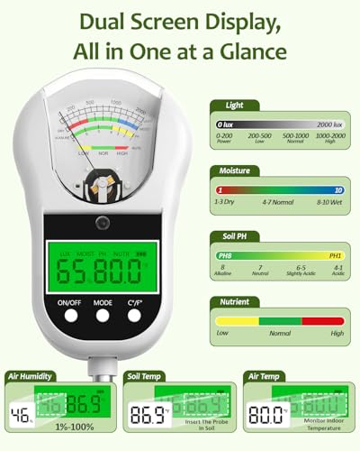 7-in-1 Soil Test Kit, Soil Moisture Meter/pH Meter/Light Intensity/Fertility/Air & Soil Hygrometer Temperature with Large Dual Display for Garden,Lawn, Farm, Indoor Outdoor Plants-Warm White | Soil Moisture Meter/pH Meter/Light Intensity/Fertility/Air & S