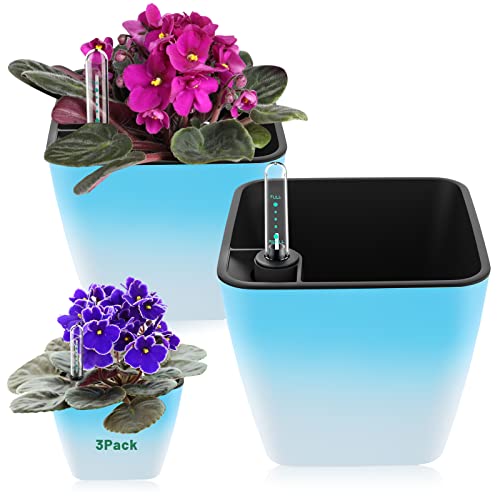 Self Watering Planters for Indoor Plants, 5.2 Inch 3 Pack Square Plastic Plant Pots with Water Level Indicator & Drainage System for African Violet Herbs Succulents - Gradient Blue - color: Gradient Blue