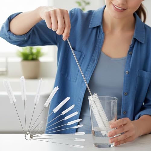 10 Pack 8.2 Inch Straw Cleaning Nylon Brush Set for Bottles Tubes and Tumblers Flexible Pipe Brush for Water Bottles Cups Glasses Aquarium Hoses(White) - color: White