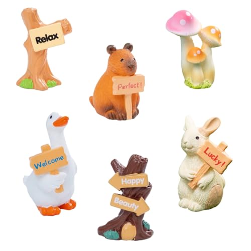 6Pcs Mini Resin Animals Variety Pack, Miniature Figurines to Hide Desk Pets, Fairy Garden Accessories Signs Mushroom Micro Landscape Ornaments, Tiny Statues for Terrarium Decor
