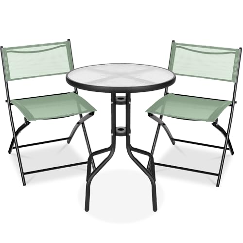 Best Choice Products 3-Piece Patio Bistro Dining Furniture Set w/Textured Glass Tabletop, 2 Steel Folding Chairs, Polyester Fabric - Sage - color: Sage