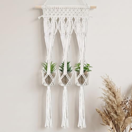 Briful Macrame Plant Hanger with 3 Glass Jars, Wall Hanging Plant Propagation Station, Boho Home Decor Hanging Planter for Indoor Plants Flowers, for Living Room Bedroom Kitchen, 13.78" x 27.56" - color: Cream-white