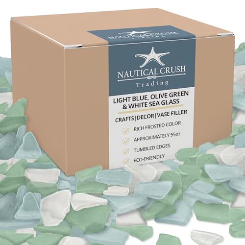 Nautical Crush Trading Sea Glass | 55oz Light Blue Olive & White Tumbled Sea Glass Decor | Bulk Seaglass Pieces for Beach Wedding Decor & Crafts - size: 55 Ounces