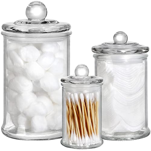 Set of 3 Glass Apothecary Jars with Lids, Bathroom Canisters Storage Container Jars, Decorative Small Glass Apothecary Jar for Cotton Swabs, Cotton Balls, Makeup Sponges, Bath Salts