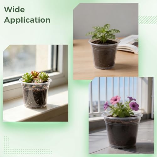 50 Pack 3/4/5/6/7 Inch Clear Nursery Pots with Drainage Holes, Thickened Transparent Plastic Plant Pots, Starter Potting Containers for Observing Root Growth, Indoor & Outdoor Use