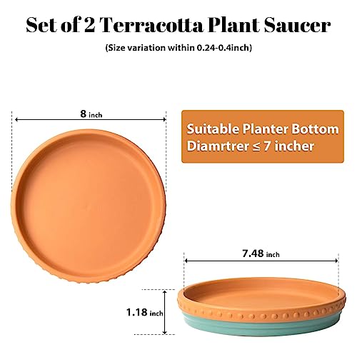 Plant Saucers, 8" Plant Trays to Catch Water, 2 Pcs, Premium Terracotta | Glazed turquoise and terracotta ceramic Flower Pot Saucers fit pots up to 7", catches excess water. - color: Turquoise/Terracotta