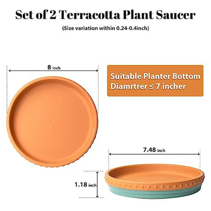 Plant Saucers, 8" Plant Trays to Catch Water, 2 Pcs, Premium Terracotta | Glazed turquoise and terracotta ceramic Flower Pot Saucers fit pots up to 7", catches excess water. - color: Turquoise/Terracotta