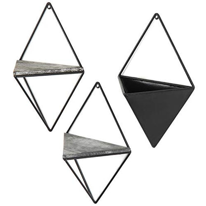 MyGift Indoor Wall Planter and Wooden Wall Display Shelves with Black Metal Frames Metal, 3-Piece Set