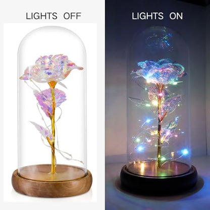 Galaxy Artificial Rose in Glass Dome - Premium Acacia Wood Base, Enchanted Eternal Flower for Home Decor, Unique Birthday Gifts for Women, Wife, Her