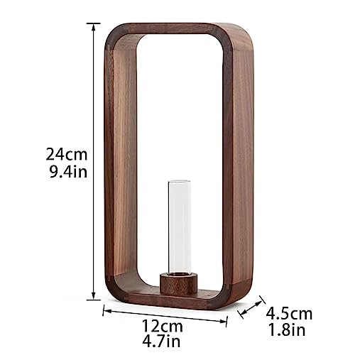 Transprent Glass Vase Test Tube Hydrophilic Plants Holder Walnut Wooden Frame Flower Stand Table Garden Bonsai Decor,Gifts for Women, Home Office Decor Planter (Big) - size: Large