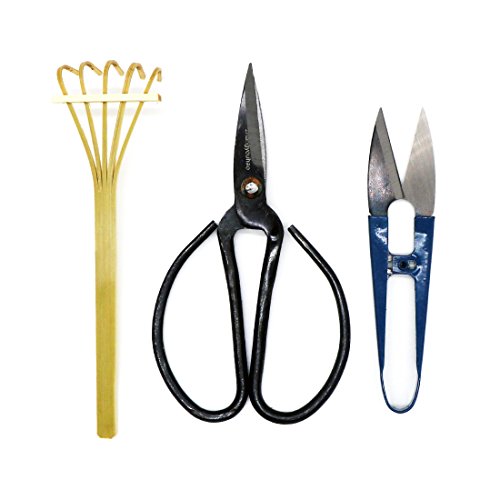 Kebinfen® Bonsai Tree Pruning Trimming Starter Tool Kit - Pruning Scissors, Bonsai Scissors for Bud & Leaves Trimmer, Bamboo Rake - Set of 3