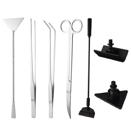 7 Pcs Aquarium Tools Kit, Stainless Aquatic Plant Set with Straight/Curved Long Tweezers Scissors Spatula Algae Scraper & 2 Replacement Heads Fish Tank Cleaning Kit