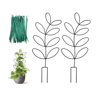 2 Pack 14.6 Inch Plant Trellis Indoor for Climbing Plants with 50 Plant Ties, Small Metal Garden Trellis for Potted Plants, Leaf Shaped Support for Ivy Hoya Pothos Monstera Houseplants