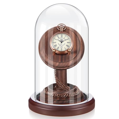 Beeveer 4''x7'' Pocket Watch Display Case with Glass Dome and Wood Stand | Clear Glass Cloche, Classic Walnut Finish, for Displaying Pocket Watches, Coins, Medals, Ornaments and Memorabilia - style: Classic