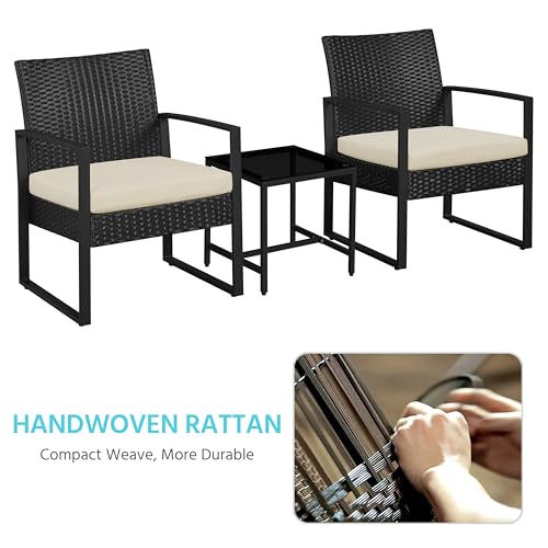 Yaheetech 3 Pieces Rattan Bistro Set, Outdoor Wicker Patio Modern Conversation Furniture, 2 Chairs & Tempered Glass Coffee Table for Garden, Balcony, Backyard, Poolside, Black/Beige - color: Black/Beige