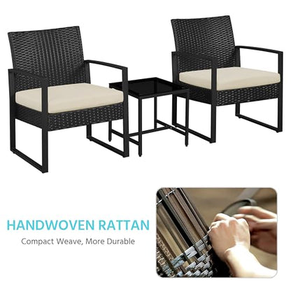 Yaheetech 3 Pieces Rattan Bistro Set, Outdoor Wicker Patio Modern Conversation Furniture, 2 Chairs & Tempered Glass Coffee Table for Garden, Balcony, Backyard, Poolside, Black/Beige - color: Black/Beige