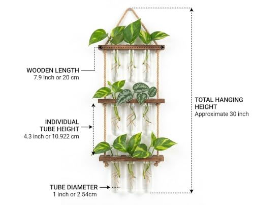 Plant Propagation Hanging Station, 3 Tier Wall Hanging Terrarium with Wooden Stand, Flower Vase Test Tube Glass Planter Stations for Hydroponic Cuttings, Home, Garden, and Office Decor