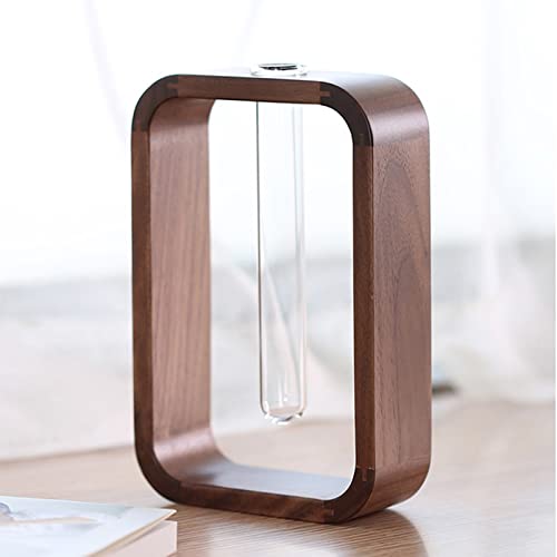 Transprent Glass Vase Test Tube Vase Hydrophilic Plants Vase Plant Holder Walnut Wooden Frame Flower Stand Table Garden Bonsai Decor,Gifts for Women, Home Office Decor Planter (Small) - size: Small
