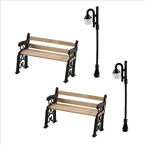Kopida 1.29 Inch Miniature Park Bench and 2.8 Inch Miniature Street Lamp, Mini Bench Fairy Garden Chairs Set for DIY Crafts, Dollhouse Ornament