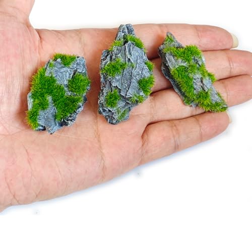 Miniature Moss Stones for Terrarium - Tree Bark Diorama Rocks for Miniature Terrain Display - Lightweight Reptile Habitat Decor - NOT for Aquarium Underwater Use - 12 Pcs Flocking-Covered (1-2 inch) - style: 12P Flocking Slate Rocks (Wooden)