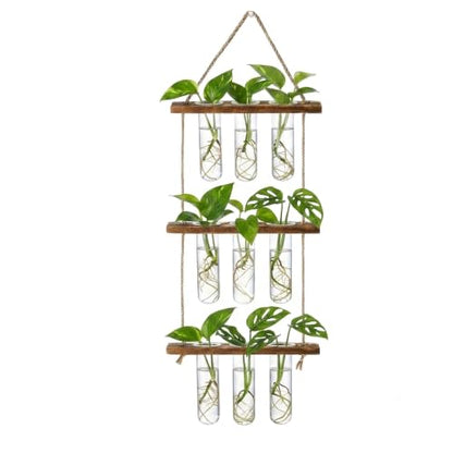 Plant Propagation Hanging Station, 3 Tier Wall Hanging Terrarium with Wooden Stand, Flower Vase Test Tube Glass Planter Stations for Hydroponic Cuttings, Home, Garden, and Office Decor