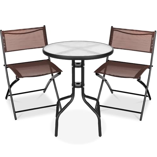 Best Choice Products 3-Piece Patio Bistro Dining Furniture Set w/Textured Glass Tabletop, 2 Steel Folding Chairs, Polyester Fabric - Brown - color: Brown