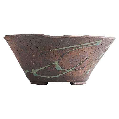 Wazakura Tokoname Series Handmade Ceramic Rustic Tatara Style Bonsai Pot with Drainage Hole 6.3 in (160mm) Made in Japan, Garden Planter, Flower Vase, Houseplant Centerpiece
